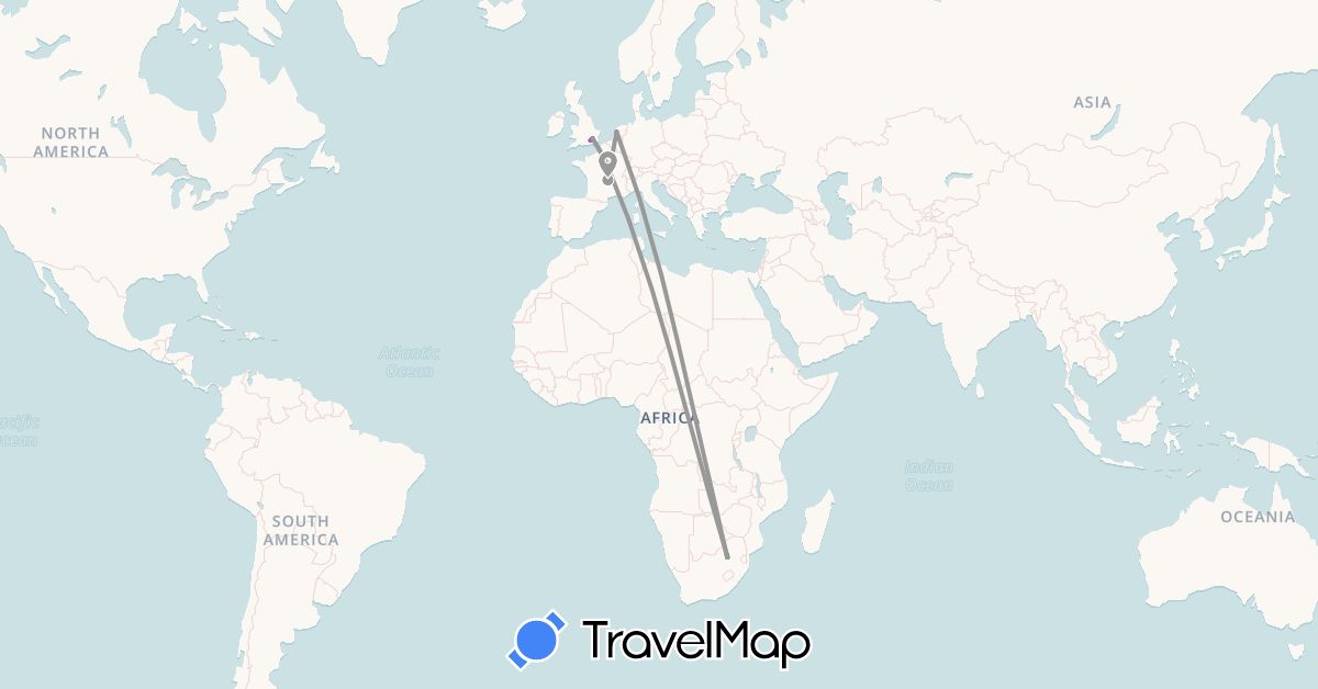 TravelMap itinerary: driving, bus, plane, train in France, United Kingdom, Netherlands, South Africa (Africa, Europe)